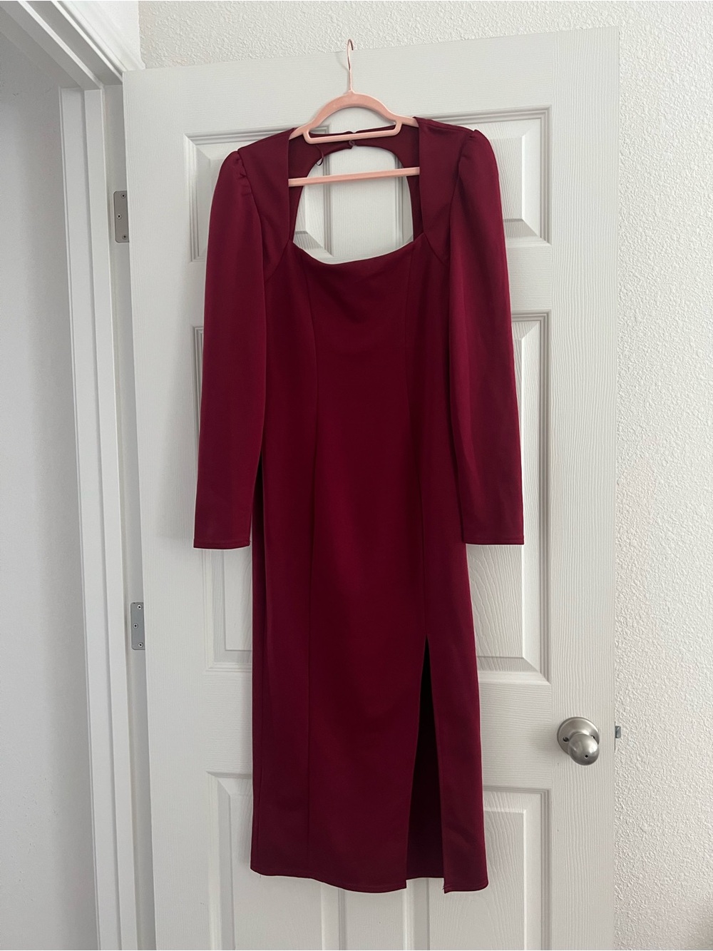 Astr Long Sleeve Wine-Red Midi Dress with Side Slit